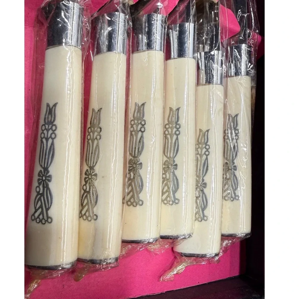 Armack Solingen Germany Vintage 9pc Steak Knife Carving Set Cream Floral Handles